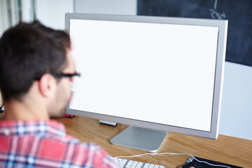 Fototapete - Photo editor, man and computer screen in office for retouching picture, editing and work for magazine. Back, male person and graphic designer with digital to enhance image and publication for beauty