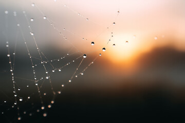 Poster - Dewdrops spider web sunrise soft focus nature morning delicate tranquil Dewdrops spider web with soft focus sunrise background