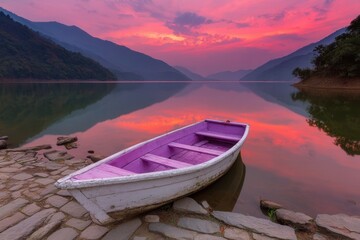 Naklejka na meble Boat on tranquil lake at sunset with vivid sky
