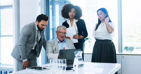 Poster - News, finance team or business people on laptop for budget savings, risk assessment or research. Collaboration, group or investment banker with mature manager for financial review or profit growth