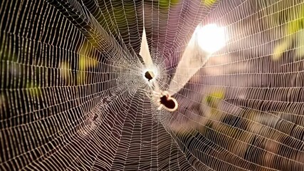 Spider rests on a web with a warm light shining through in natural outdoor environment