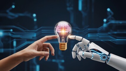 Poster - Human and robotic hands reaching for a lightbulb containing a brain, against a digital backdrop; concept for artificial intelligence, innovation, and technology