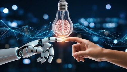 Fototapete - Robotic hand and human hand touching a lightbulb with a brain inside, concept for artificial intelligence and innovation