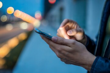Fototapete - Close-up of hands using smartphone at night with blurred city lights in background, concept for mobile app advertising and digital technology