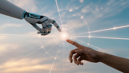 Poster - Robotic hand and human hand reaching towards each other with futuristic network connections, a concept for AI technology, future innovation, and digital transformation