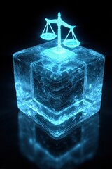 Poster - 3D Icon of Scales of Justice Positioned on a Glowing Ice Cube with Ethereal Lighting Effects and Clear Background