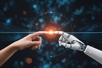 Fototapete - Human hand and robotic hand touching AI concept, futuristic technology presentation