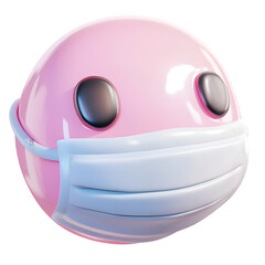 Fototapete - Digitally rendered, pink, round emoticon figure wearing a light-colored face mask.  The design is modern and stylized.