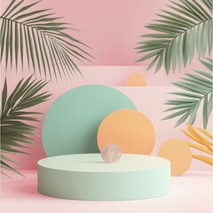 Fototapete - Pastel-colored podium with tropical leaves, a coin in the center