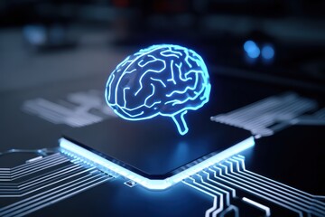Poster - Glowing Blue Brain Floating Above Advanced Technology Circuit Board with Digital Connections for Futuristic Concepts and Innovations