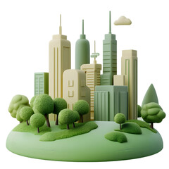 Fototapete - Stylized, digital representation of a city built on an island, surrounded by parks and lush green areas.  Muted pastel colors and simplified forms enhance the overall aesthetic.