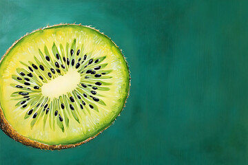 Poster - Close-up painting of a kiwi slice on teal background.