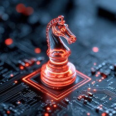 Poster - Glowing Chess Piece Positioned on an Electric Circuit Board with Intricate Details and High-Tech Elements