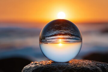 crystal sphere reflects a breathtaking sunset over the ocean.