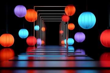Poster - Abstract Neon Lights Background with Colorful Glowing Spheres and Geometric Shapes