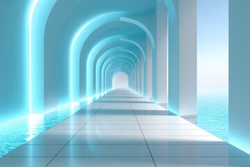 Poster - Futuristic Cyan Illuminated Archway Corridor over Water