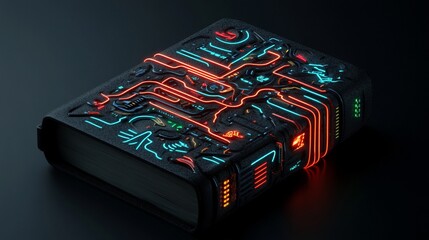 Poster - Futuristic book with illuminated circuits on a dark background