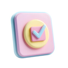Poster - 3D, pastel-colored square icon displaying a light blue check mark, set against a soft pink background.  This digital graphic depicts a positive confirmation.