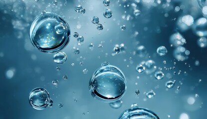 Poster - Closeup of Water Drops and Bubbles on Blue Background with Soft Focus and Light Reflections