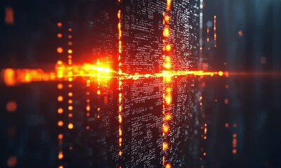 Fototapete - Abstract digital code wall with glowing lines