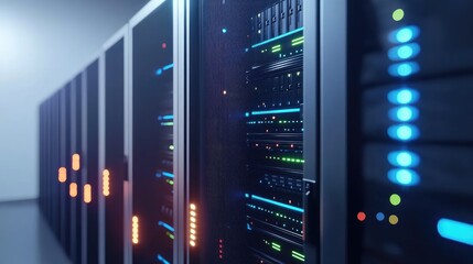 Aufkleber - 3D render of sleek modern server racks with glowing indicators in a data center hallway, ideal for cloud storage, IT support, and network technology presentations