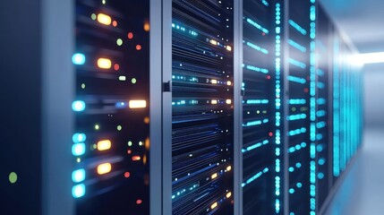Aufkleber - 3D render of brightly lit data servers in a clean, futuristic room with glowing panels, ideal for use in cloud computing, IT systems, and modern technology infrastructure visuals