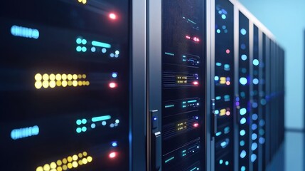 Aufkleber - 3D rendering of modern server cabinets with blue, yellow, and red LED indicators in a cool-toned room, ideal for visuals related to IT infrastructure and secure cloud systems