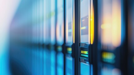 Aufkleber - Close-up 3D rendering of illuminated server racks with glowing status lights, ideal for technology presentations, cloud computing ads, and IT infrastructure visuals
