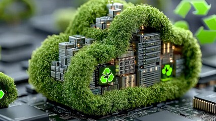 Poster - Eco-friendly cloud computing concept visualized as a lush green cloud integrated with circuit boards and sustainability icons