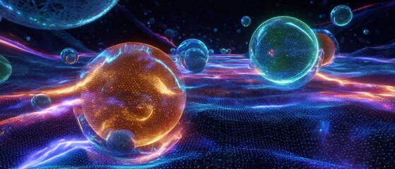 Poster - glowing spheres in a dark space
