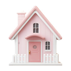 Fototapete - Digitally rendered, small, pastel pink house model, highlighting its facade and charming features.