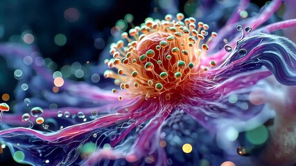 Poster - Abstract biological structure with vibrant textures and glowing filaments in a surreal microscopic view