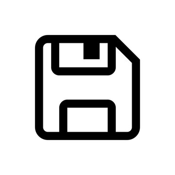 Black outlined floppy disk icon with a folded corner representing data storage and file saving format