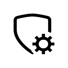 Poster - Shield outline with a gear icon positioned to the right side in a simple black and white design style