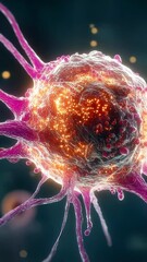 Poster - A close-up of a glowing cancer cell with branching tendrils and vibrant purple and orange highlights