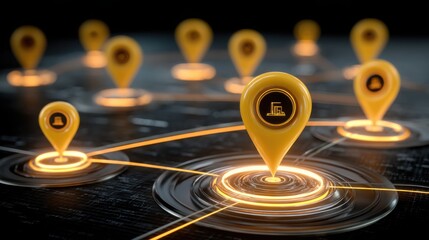 Poster - Cluster of yellow pin markers indicating data points on usa map for crypto-led remittance mapping conceptualization