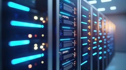 Aufkleber - Modern server room with glowing blue racks and reflections, conveying advanced digital systems. Suitable for IT infrastructure, cloud storage, data security services, and network-based platforms