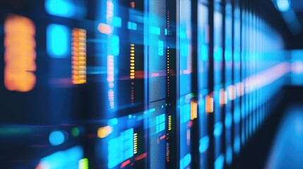 Aufkleber - Close-up view of illuminated server racks with multicolored lights in a futuristic data center. Suitable for cloud platforms, IT networks, cybersecurity visuals, and digital infrastructure themes