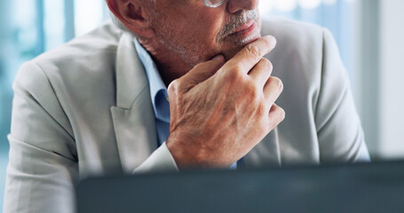 Aufkleber - Hands, thinking and mature man with laptop investor and ideas for investment opportunity and serious. Corporate, entrepreneur and person with financial strategy in business, reflection and planning