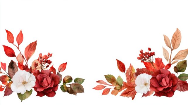 Watercolor frame of soft autumn leaves and blooming roses, top and bottom border design