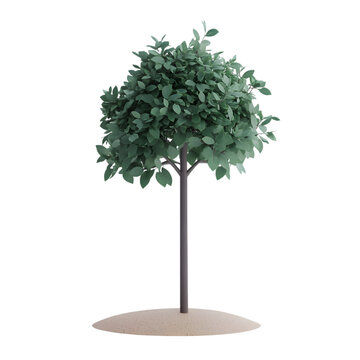 Digitally rendered,  stylized representation of a small tree, displayed against a muted, abstract background.