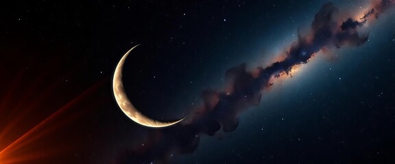 Wall Mural - crescent moon, sun rays, and milky way galaxy in vast, dark space, nature, astrophotography
