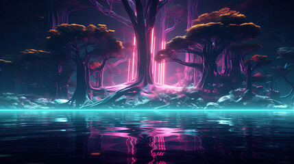 Poster - Neon-lit tree in a mystical jungle with glowing light and vibrant reflections