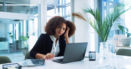 Poster - Stress, laptop and businesswoman in office with fatigue, burnout or exhaustion with finance report deadline. Computer, frustrated and female financial advisor with confusion for client investment.