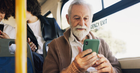 Poster - Bus, senior man and online with phone for travel location, message and communication with contact. Public transport, elderly person and passenger with mobile for map application, commute and chat