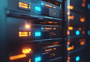 Aufkleber - 3D rendering of illuminated server racks with glowing lights and display panels, ideal for tech websites, cloud service ads, and IT infrastructure presentations