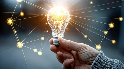 Poster - A frosty hand holding a glowing lightbulb emitting a digital network pattern, blending technology with winter visuals
