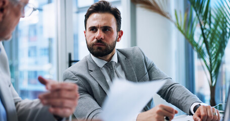 Poster - Business men, paper and team discussion in office, planning or brainstorming insurance strategy. Document, meeting and conversation with boss for report, risk management and explain idea in training