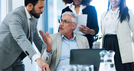 Poster - Discussion, boss and feedback for group, laptop and document with info for pitch, colleagues and online. Corporate, ceo and employees with ideas for proposal, talking and collaboration in business