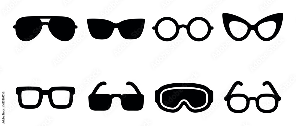 Various types of eyeglasses and sunglasses silhouette vector set Stock ...